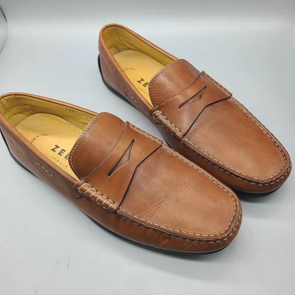 Zelli Monza mens tan brown Italian Calfskin Driver Penny Loafers Italy sz 11.5